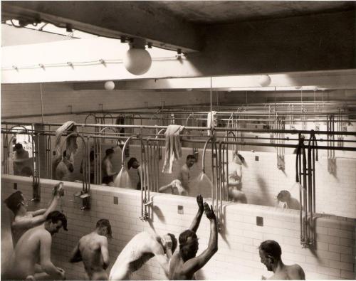 akaixab:Mass shower of the Pithead Baths in Scotland, for miners to wash after theirs shift