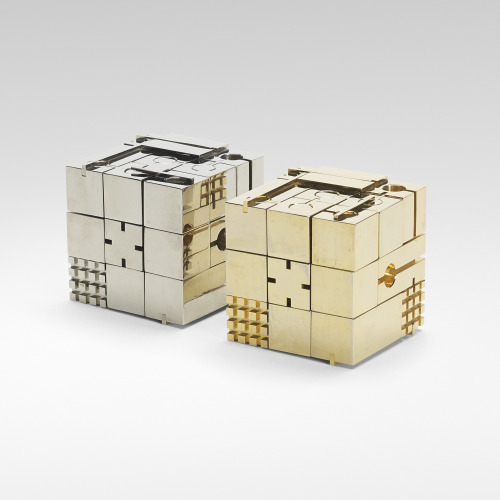 Franco Rocco, “Scaccomatto” chess set, Italy, c. 1970,Chrome, Brass, 3 w × 3 d × 3 h in (8 × 8 × 8 c