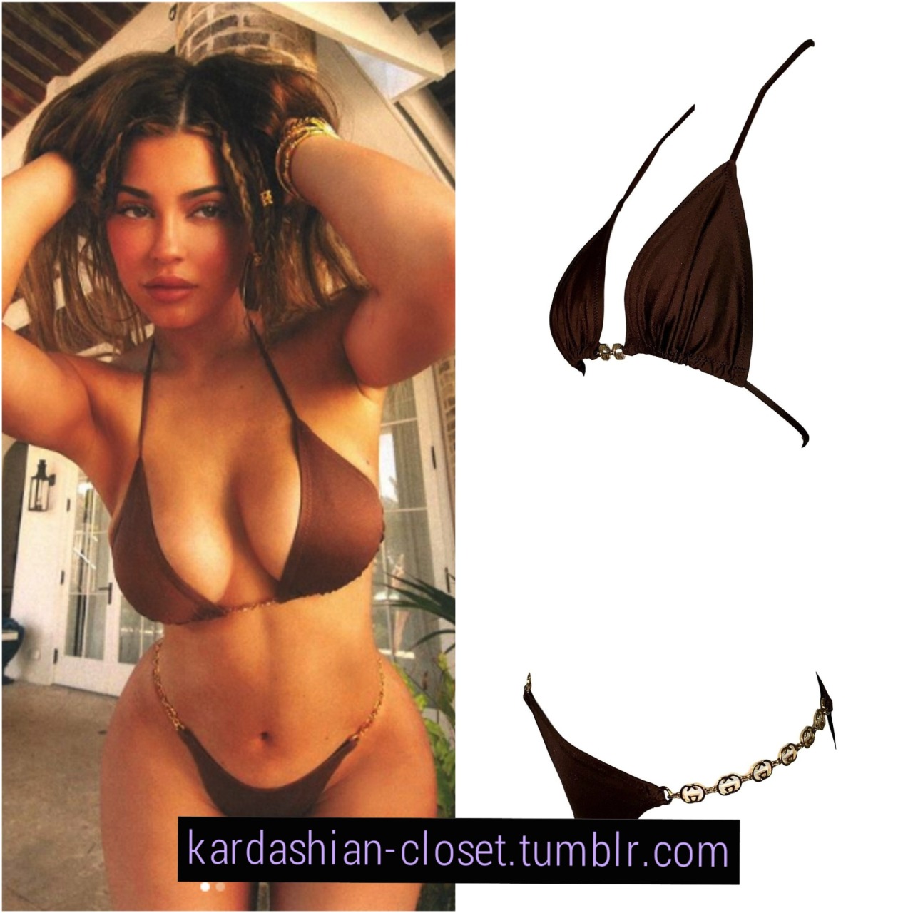 Kylie via Instagram #KylieJenner in Vintage 1970's #Gucci Brown Ultra Low  Rise Gold G Log Bikini (was available at @1stdibs) 🤎✨