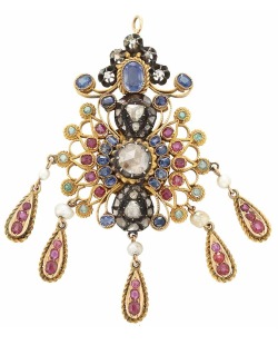 diamondsinthelibrary:  Gold, Silver, Gem-Set and Diamond Pendant.   Rose-cut diamonds, sapphires, rubies, emeralds &amp; pearls, ap. 20.7 dwts. (Via Doyle New York.) 