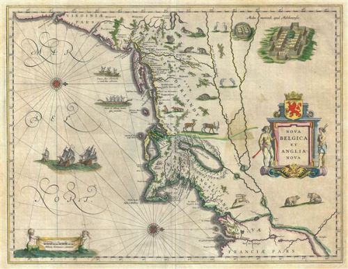 The first map to depict Manhattan as an island, Blaeu’s 1638 Nova Belgica et Anglia Nova.