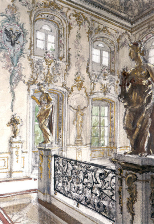 Peterhof Palace. Merchant staircase at the Grand Palace, 1900, Alexandre BenoisMedium: graphite,pen,