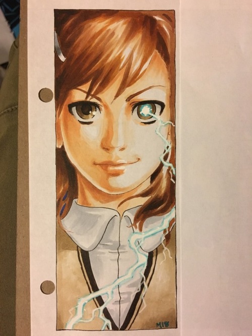 iwilltryalittlearter:Lights bad, but I got the third of my experimental bookmarks done. Misaka the e