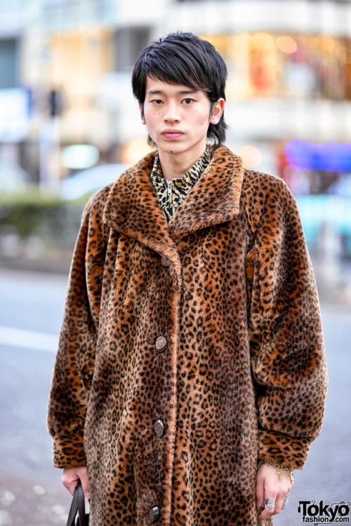 tokyo-fashion:  19-year-old Japanese actor Hide on the street in Harajuku wearing a vintage faux fur leopard print coat over a vintage animal print shirt, Lad Musician skinny jeans, Serio Rossi boots, a Roberta di Camerino handbag, and vintage jewelry.
