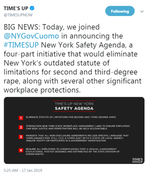 “BIG NEWS: Today, we joined @NYGovCuomo in announcing the #TIMESUP New York Safety Agenda, a four-pa