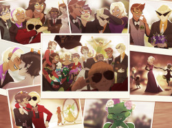 cityinthesea:  I had the pleasure of doing the cover for the 2018 Homestuck Calendar! Snapshots of the Rosemary wedding, which is similar to my piece from last year, except this one has 37 characters in it o|-&lt; Included some close ups of the individual