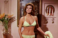 tightrope walking in two ton shoes — Raquel Welch in Fathom (1967)