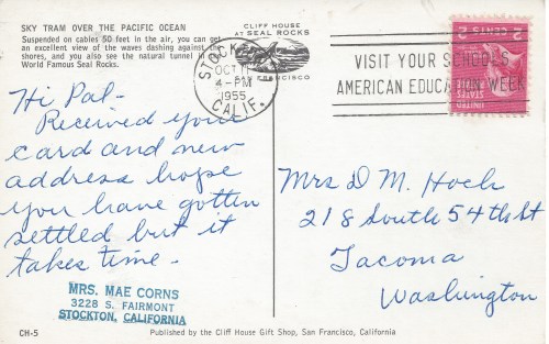 Postcard: Sky Tram Over the Pacific Ocean, Seal Rocks, San Francisco,            California, card ma