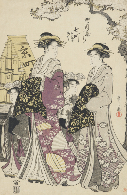 japaneseaesthetics:Two courtesans and Kamuro from the House of Yotsu-meya.  Ink and colour on p