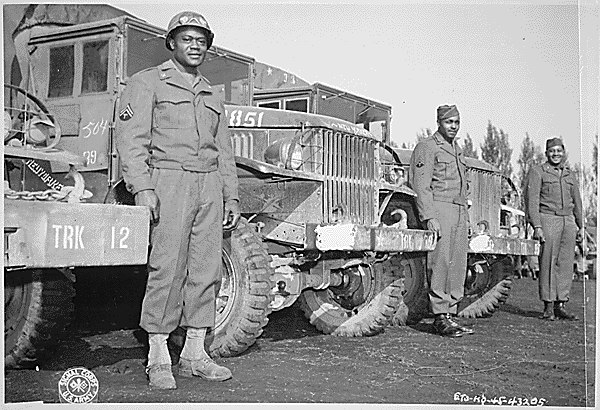 usnatarchives:Red Ball Express soldiers (L-R) Sherman Hughes, Hudson Murphy, Zacariah Gibbs, Office 