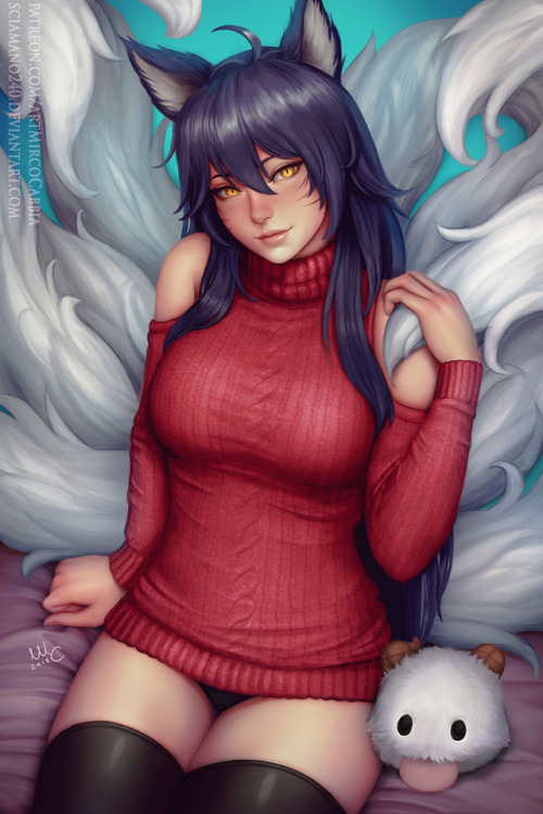 mircosciamart:    Ahri - LoL (2v)     Ahri from LoL, chosen by you in the previous poll on Deviantart.  There will be also a nsfw version available for people who joined Patreon before the 1st of January.Sweater hype!     <3