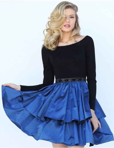 The fitted black bodice of this Sherri Hill 50641 short dress features a Sabrina neckline, a beaded 