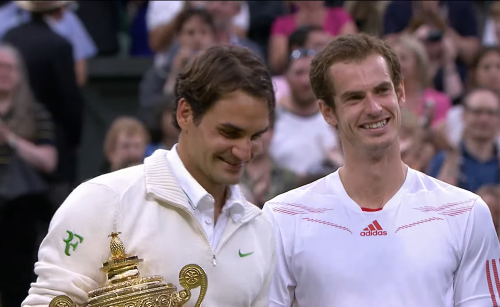 Roger Federer And Andy Murray During The 2012 Wimbledon Trophy Ceremony