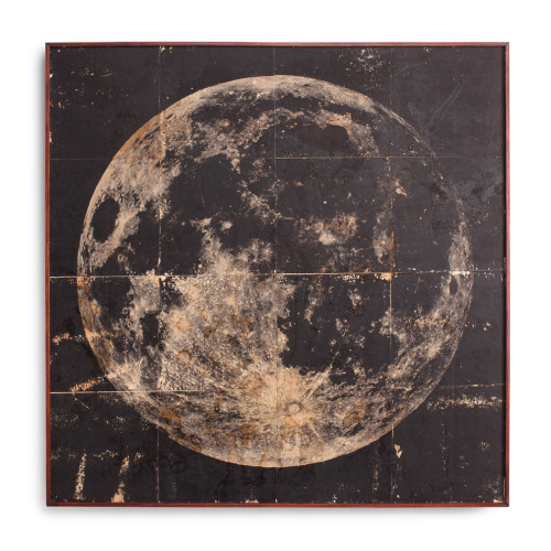 The Moon. Acrylic transfer, coffee, dirt, paper on wood panel. 28" x 28" Framed.