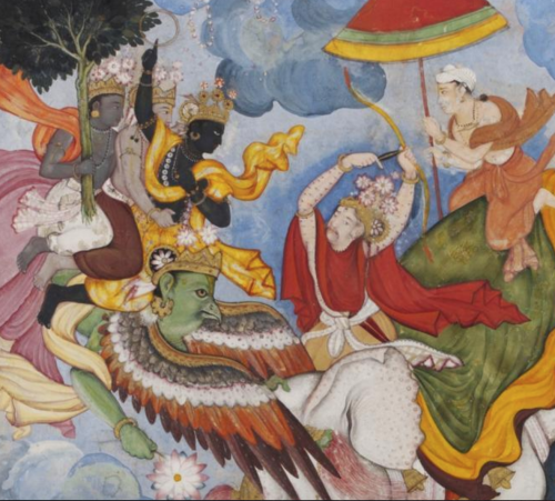 Detail from Krishna and Indra, Mughal, probably Lahore, ca. 1590. The Harivamsa ,“Genealogy of Hari”