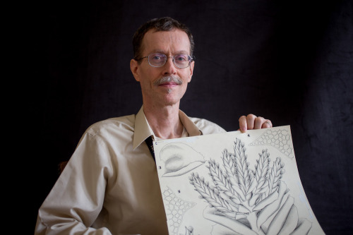 Kevin H. - Collections Assistant, Botany, holding an original Schuster botanical illustration.