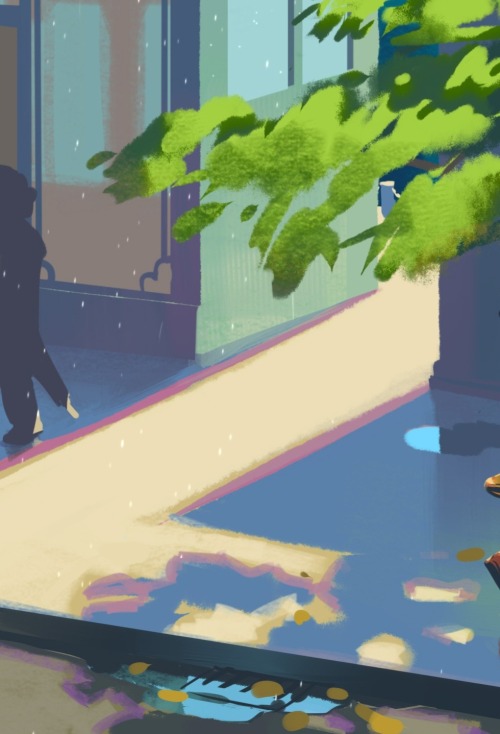 A close-up shot of the first image in the post, showing a section of the piece  where the shadows of buildings fall across the pavement. A stylistic light-scattering effect creates red rims around the shadows. Puddles on the ground reflect the buildings and the sky.