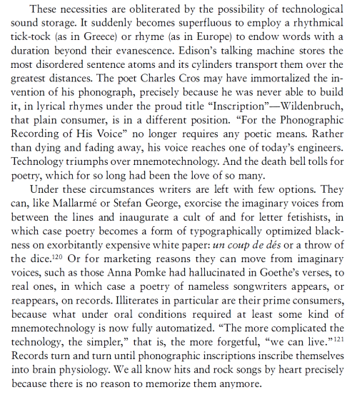 Kittler on the origin of poetry as mnemotechnics in Gramophone, Film, Typewriter (1986).