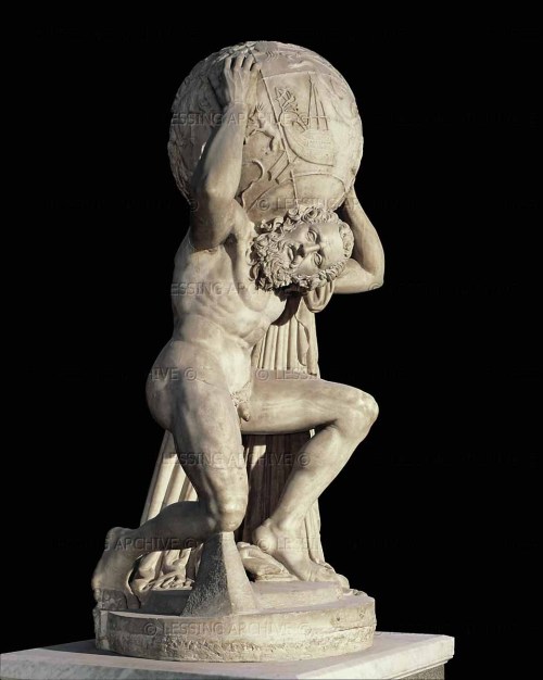 hismarmorealcalm:Atlas Farnese  Atlas with cosmic globe on his shoulders  Marble  Late Roman Period 