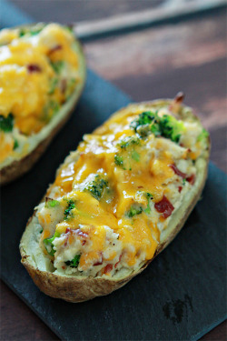 therecipehandbook:  Broccoli Cheese Loaded Twice Baked Potatoes  What you need  4 russet potatoes &frac12; cup sour cream 2 ounces cream cheese, softened 2 - 4 tablespoons chicken broth, as needed 6 ounces chopped broccoli florets, steamed 1 cup Cheddar