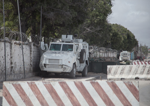 African Union police vehicles are a common sight on Mogadishu&rsquo;s roads - along with road bl