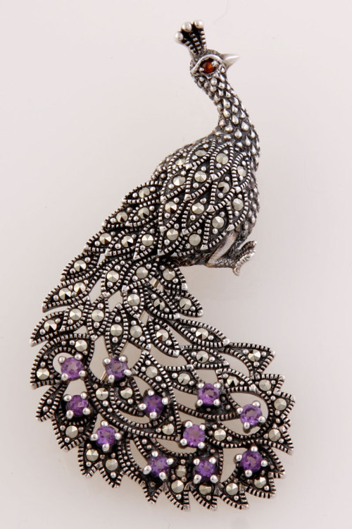 Peacock Brooch with Garnet, Marcasite, and Amethyst 