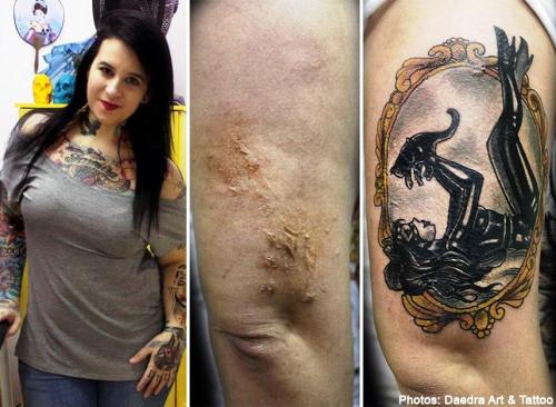 TW for domestic violence, sexual violence“Brazilian tattoo artist Flavia Carvalho is an expert at a 