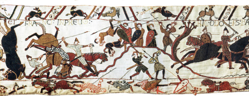 Bayeux Tapestry, depicting the Battle of Hastings, 12th century. Embroidery on linen, 70m (230 ft) l