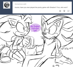 e-vay:  Q: Aurora, have you ever played the pocky game with Shadow? If so, who won? A: “Well…”