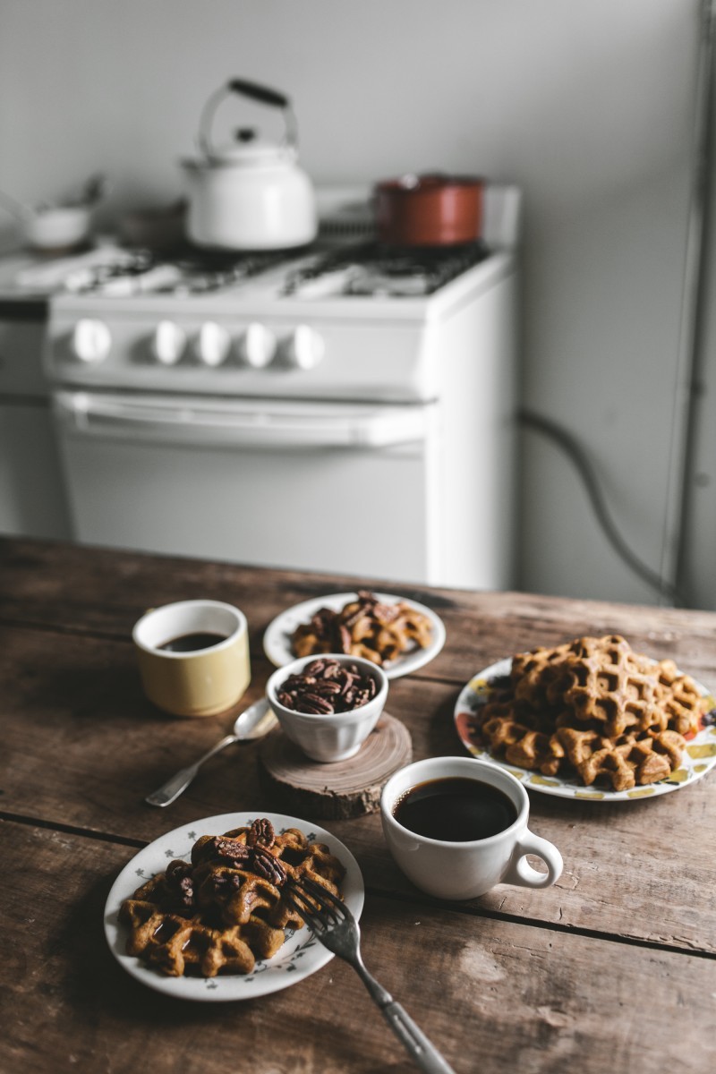 sweetoothgirl:  Pumpkin Spice Belgian Waffles + Toasted Pecans   