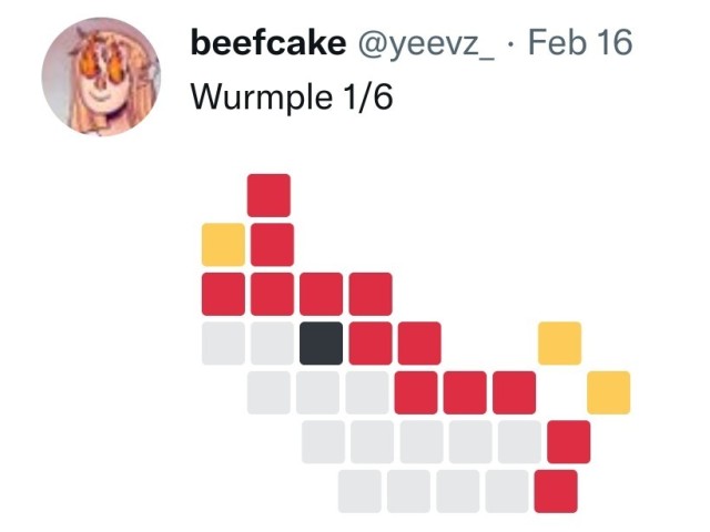 Tweet by @yeevz_ that reads: "Wurmple 1/6." Under it, red, white, yellow, and black square emojis are arranged to look like the Pokémon Wurmple.