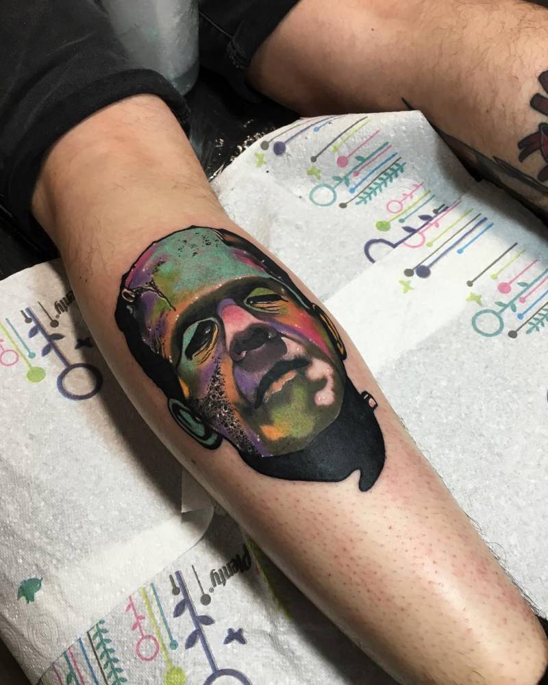 neotattooart:  Psychedelic style Frankenstein portrait tattoo on the left calf. Tattoo