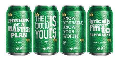 madvilliangt:  babeobaggins:  theverge:  Sprite is introducing a new line of limited-edition cans and bottles featuring selected inspirational hip-hop lyrics, a collection they’re calling “Obey Your Verse.“ The first set of 16 features five selections