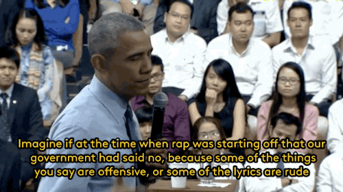 profeminist:  refinery29:   President Obama just perfectly captured what it’s like to love hip hop without ignoring its problems The woman he’s speaking to is a Vietnamese rapper named Suboi, who rapped to the President about financial inequality.