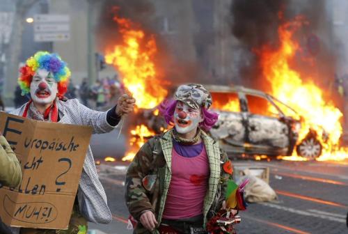 It&rsquo;s no laughing matter when things get heated at anti-austerity protests in Frankfurt, Ge