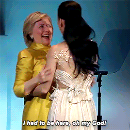 teenagedream:Hillary Clinton surprises Audrey Hepburn Humanitarian Award Recipient Katy Perry at the