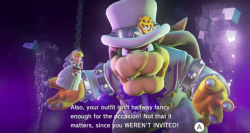 coffeedads:  panpinecone: bowser reacting to mario’s tux vs bowser reacting to mario’s dress Bowser respects gender non-conforming Mario even if he WASN’T INVITED 