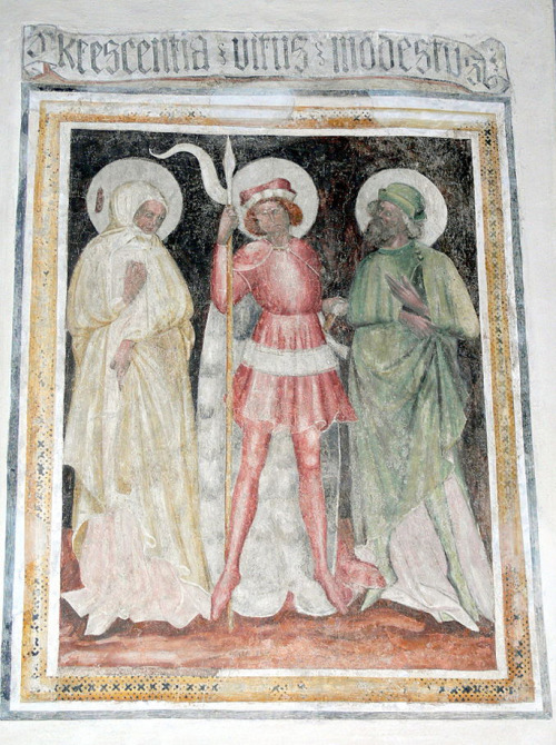 Saint Vitus, accompanied by his nurse Saint Crescentia and his teacher Saint Modestus,1330 Austria