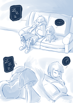 allesiathehedge:  Aaaaaa, something new from my stream!  Been a while since I made any UT fanarts, but hey have some cute moments :3 I love the idea of Sans being an ideal parenting figure to Frisk even if he did not “protect” her in game at all