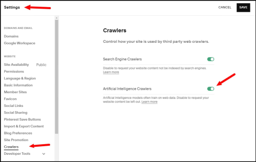 Screenshot of Squarespace settings with a red arrow pointing down to Crawlers, and then another arrow pointing to turn off Artificial Intelligence Crawlers
