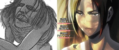 tdkr-cs91939: I don’t know if someone already talked about this, but first of all, that background with ymir is definitely the part when she ate Marcel. But looks like the dancing titan’s teeth was actually different in the OP compared to the manga