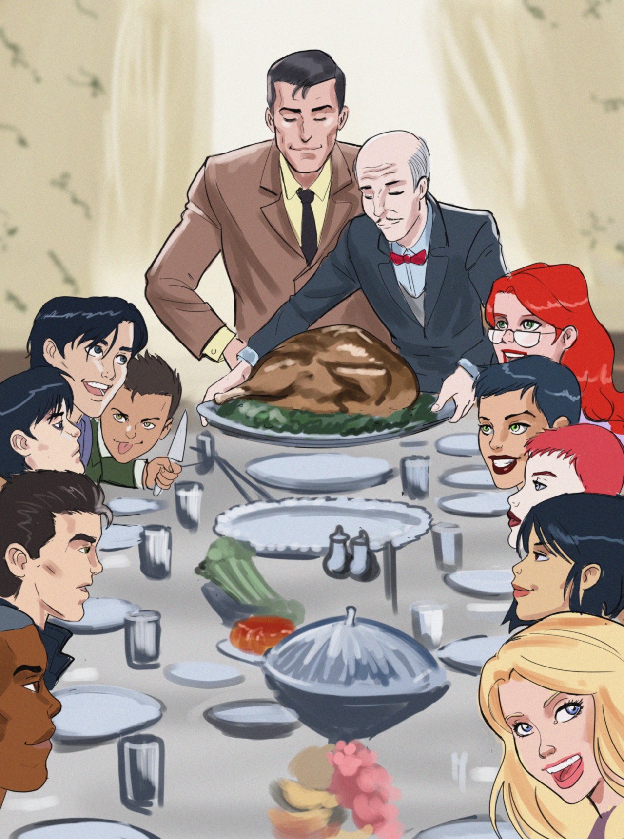 A Batfamily Thanksgiving! after Norman Rockwell