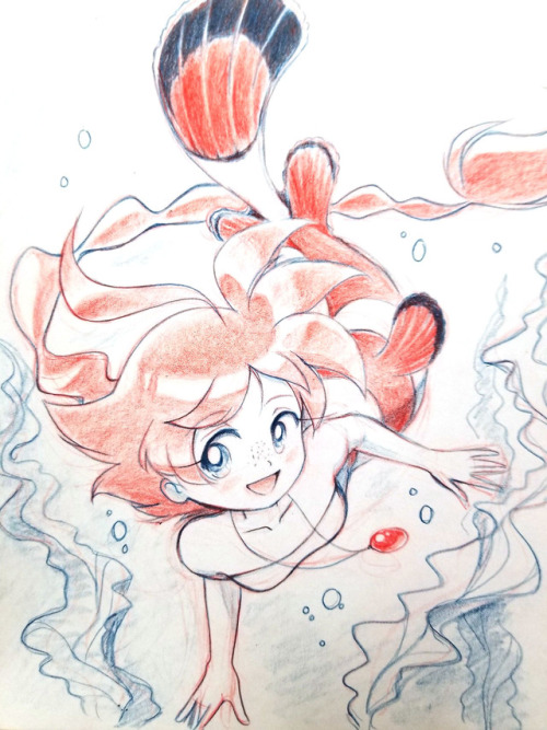 blueberryhope:Mermaid!Ahiru - traditional; red/blue dual pencil and eraser, photoshop for color corr