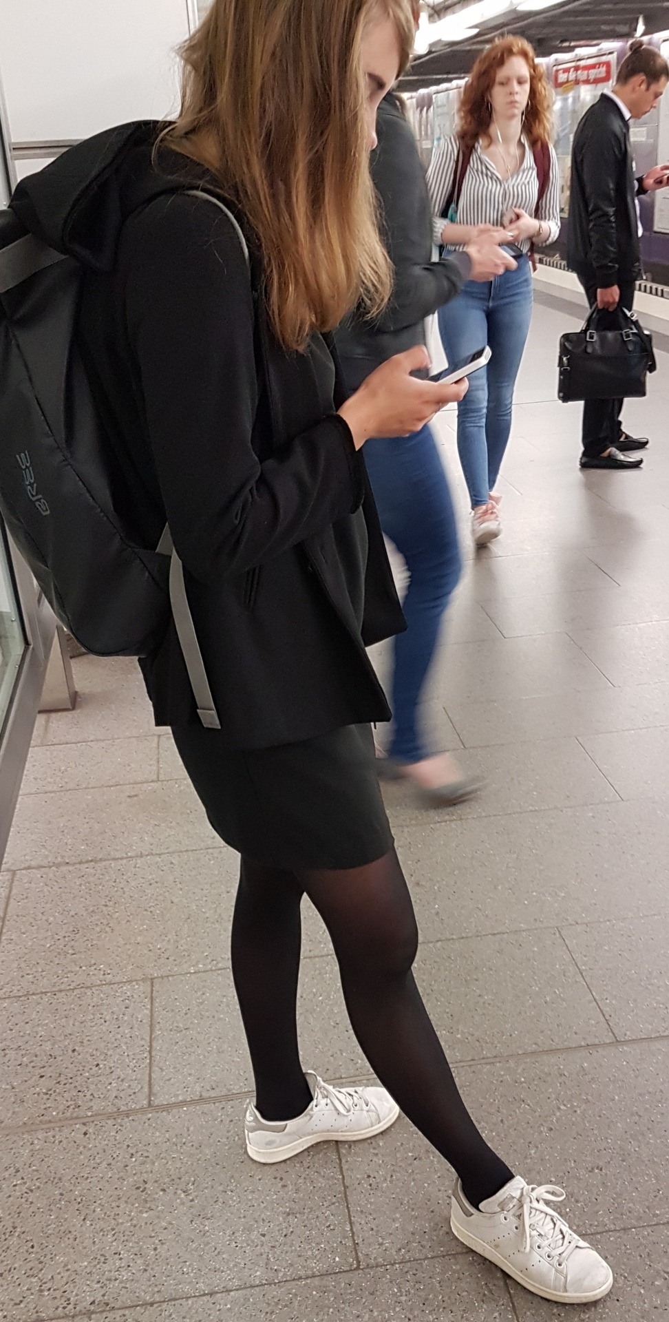 Black pantyhose and white sneakers, no socks, pantyhose feet straight ...