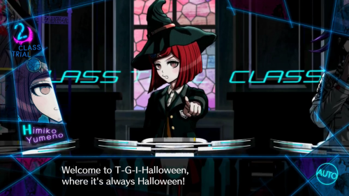 fakedrv3screenshots: Himiko: Welcome to T-G-I-Halloween, where it’s always Halloween!Himiko: I