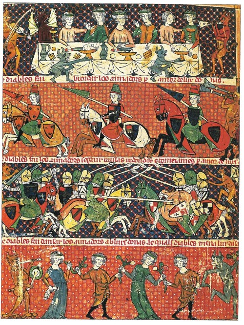 effervescentaardvark:Illustrations depicting the work of the devil (feasting, jousting and dancing) 