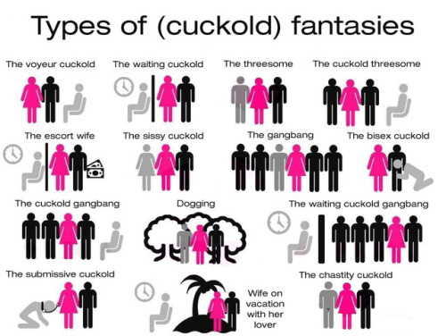 shakespeareanman:  There are many types of cuckold fantasies:The voyeur cuckold - The waiting cuckold - The threesome - The cuckold threesome - The escort wife cuckold - The sissy cuckold - The gangbang cuckold - The bisex cuckold - The dogging cuckold