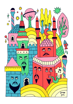 jangojim:Ottoman Miniature inspired illustration fueled by recent trip to Istanbul. Amazing cosmopolitan city. Good vibes, good food, great culture, beards and cats everywhere!