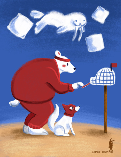 rabbittownart:Game 50 Round 08Expectantly WaitingTopics: polar bear, arctic fox, balaclava, walrus, 