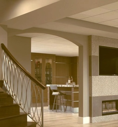 Basement - Walk OutAn Illustration Of A Sizable, Modern Walk-out Basement With Porcelain Tile Flooring,